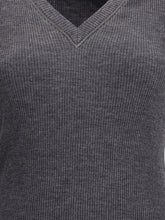 BRUNELLO CUCINELLI S long sleeve wool ribbed jersey t-shirt with shiny trim 
