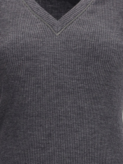 BRUNELLO CUCINELLI S long sleeve wool ribbed jersey t-shirt with shiny trim 