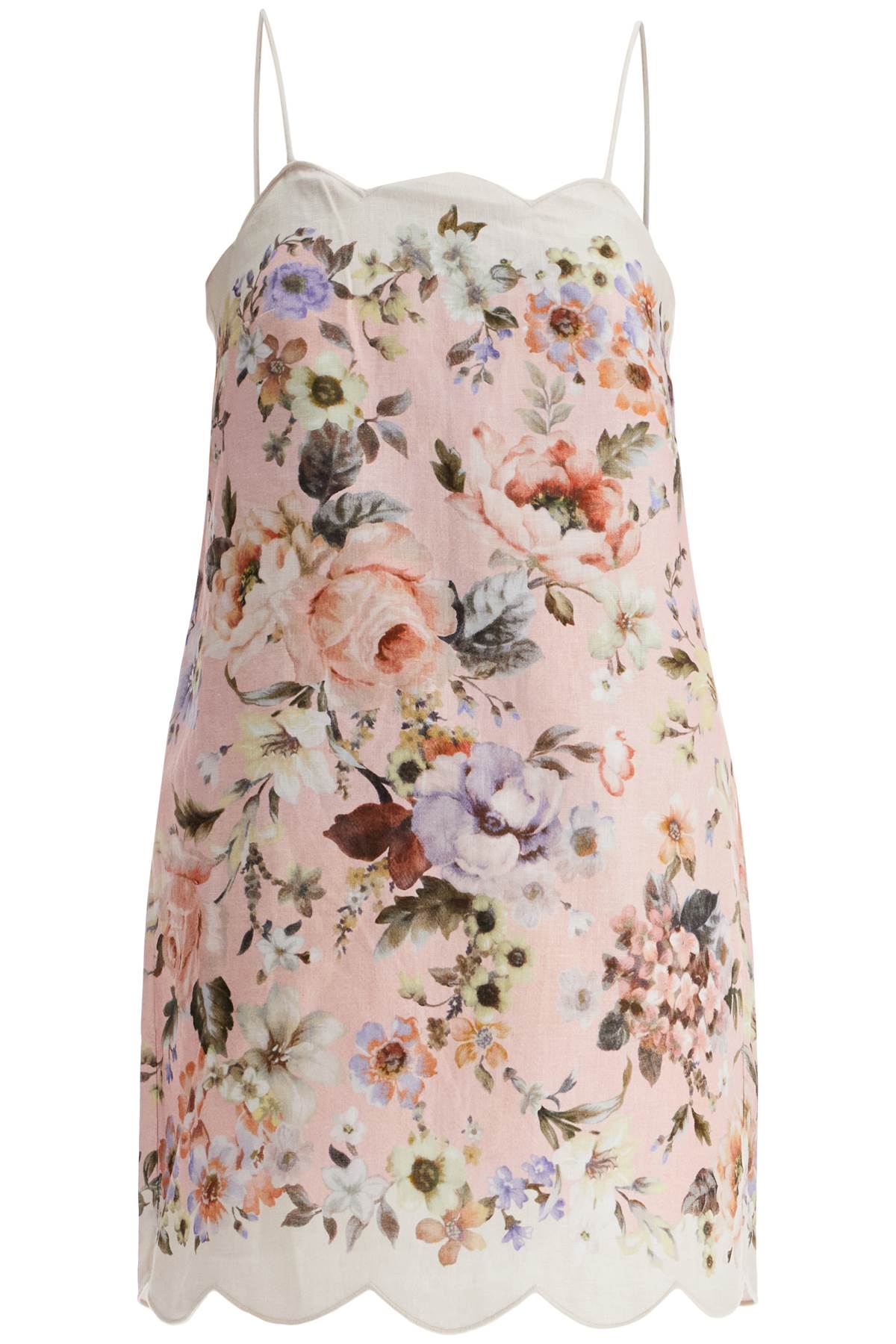 mini floral linen dress in pink with scallop neckline and sleeveless