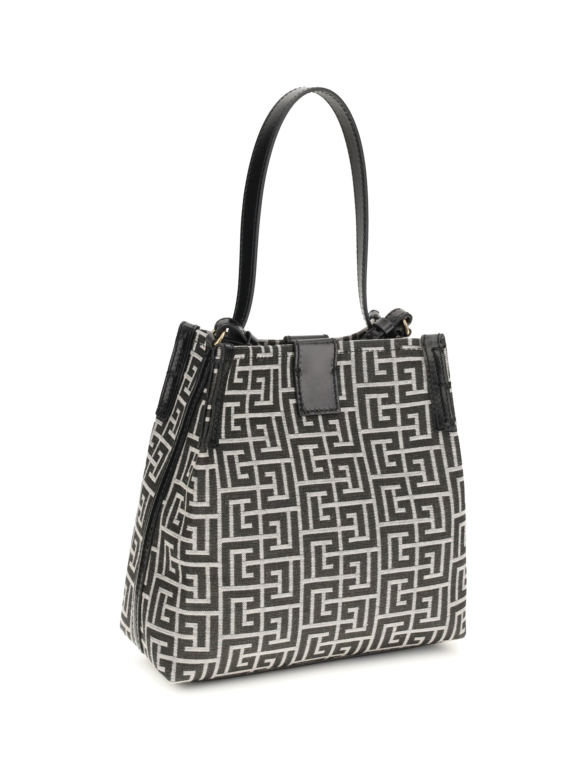 release jacquard and leather bucket bag