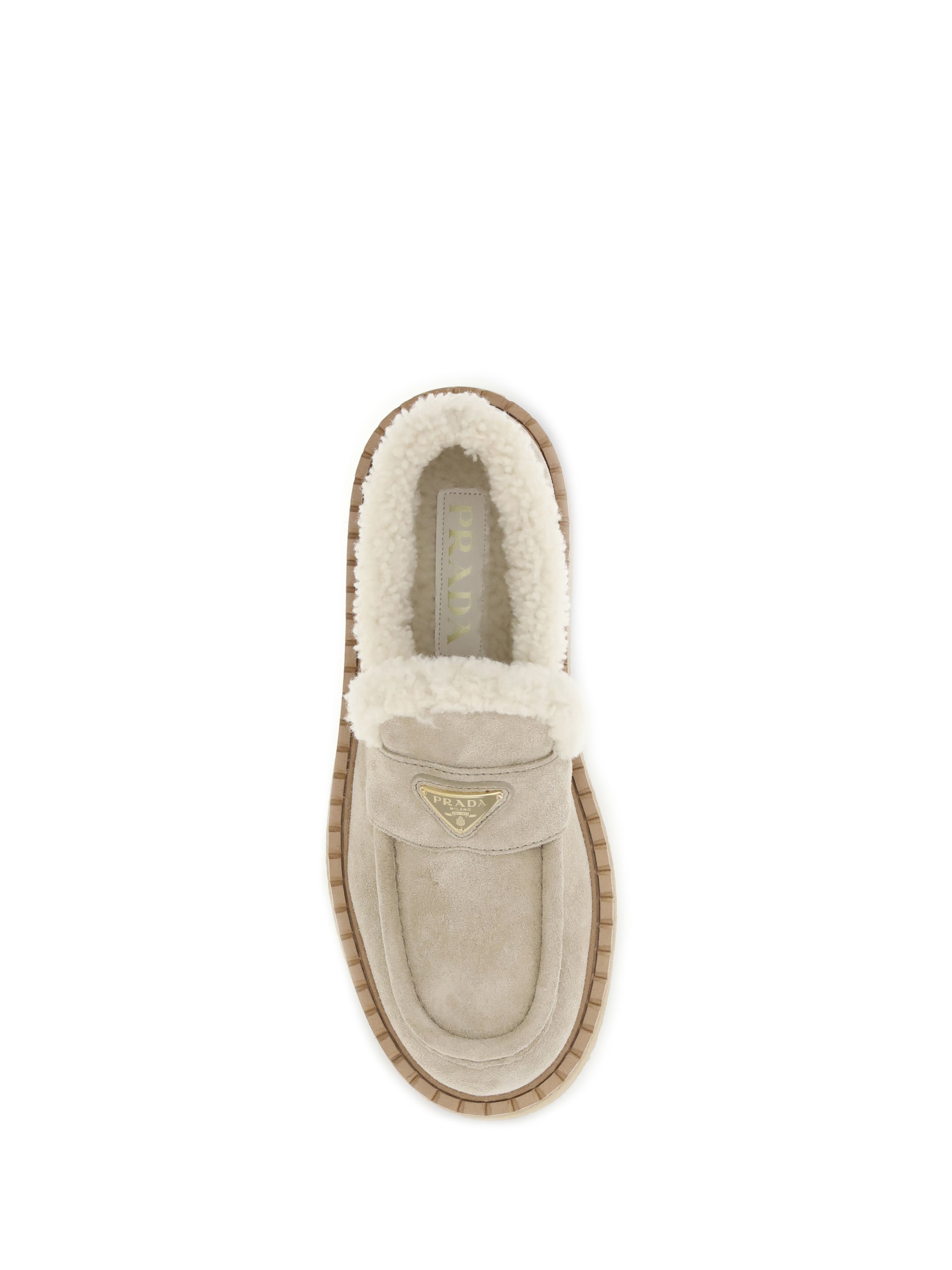 PRADA 37.5 suede loafers with shearling