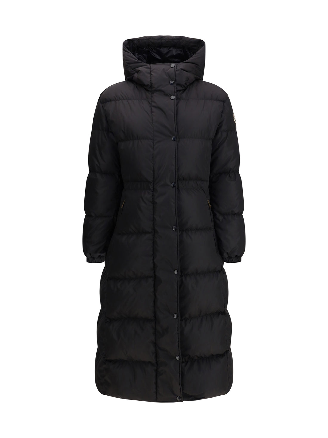 MONCLER 0 the long down jacket with hood and wool trims