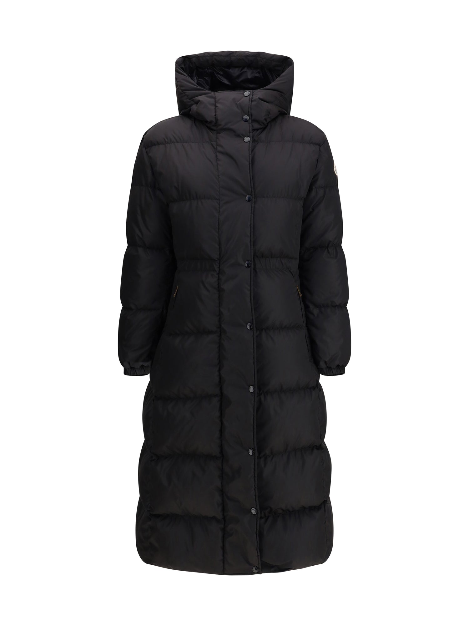 MONCLER 0 the long down jacket with hood and wool trims