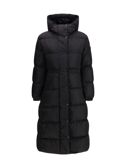 MONCLER 0 the long down jacket with hood and wool trims