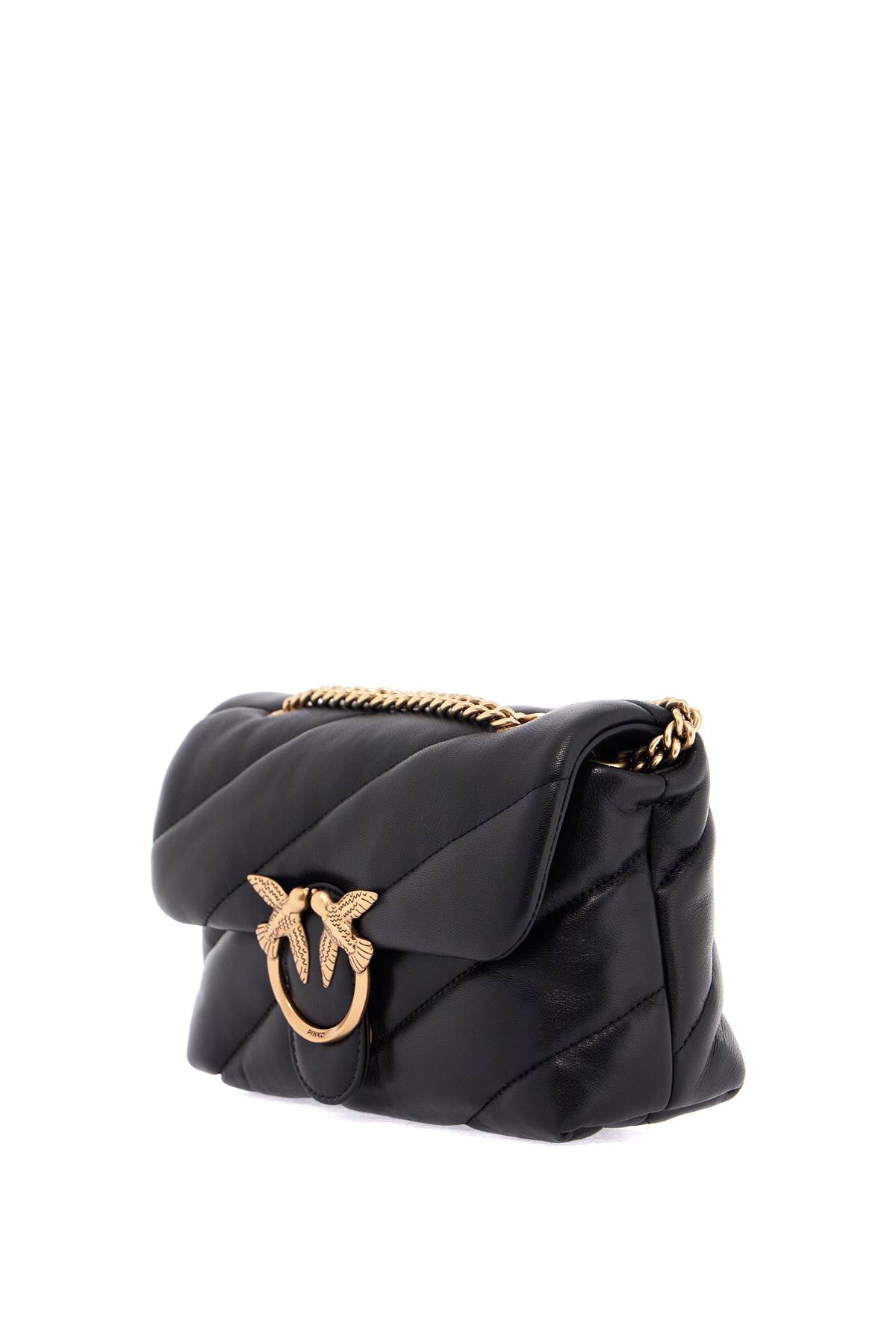 mini black quilted bag with golden chain love puff