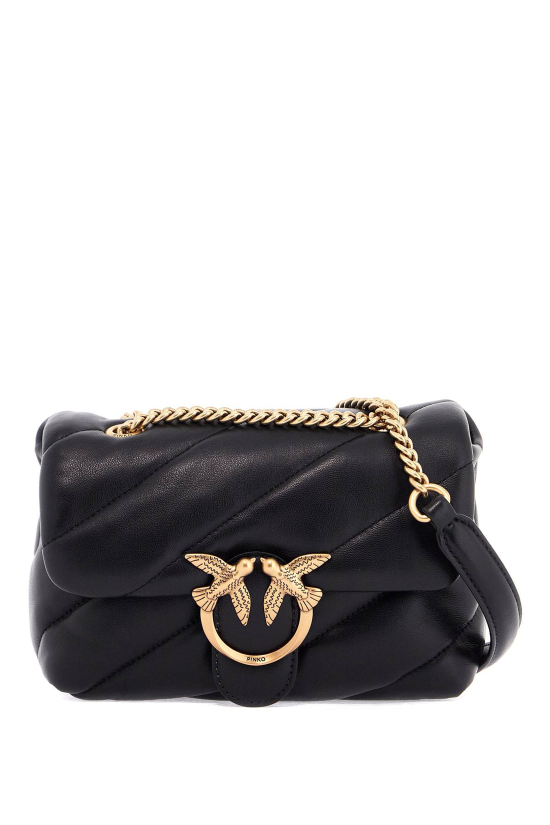 mini black quilted bag with golden chain love puff