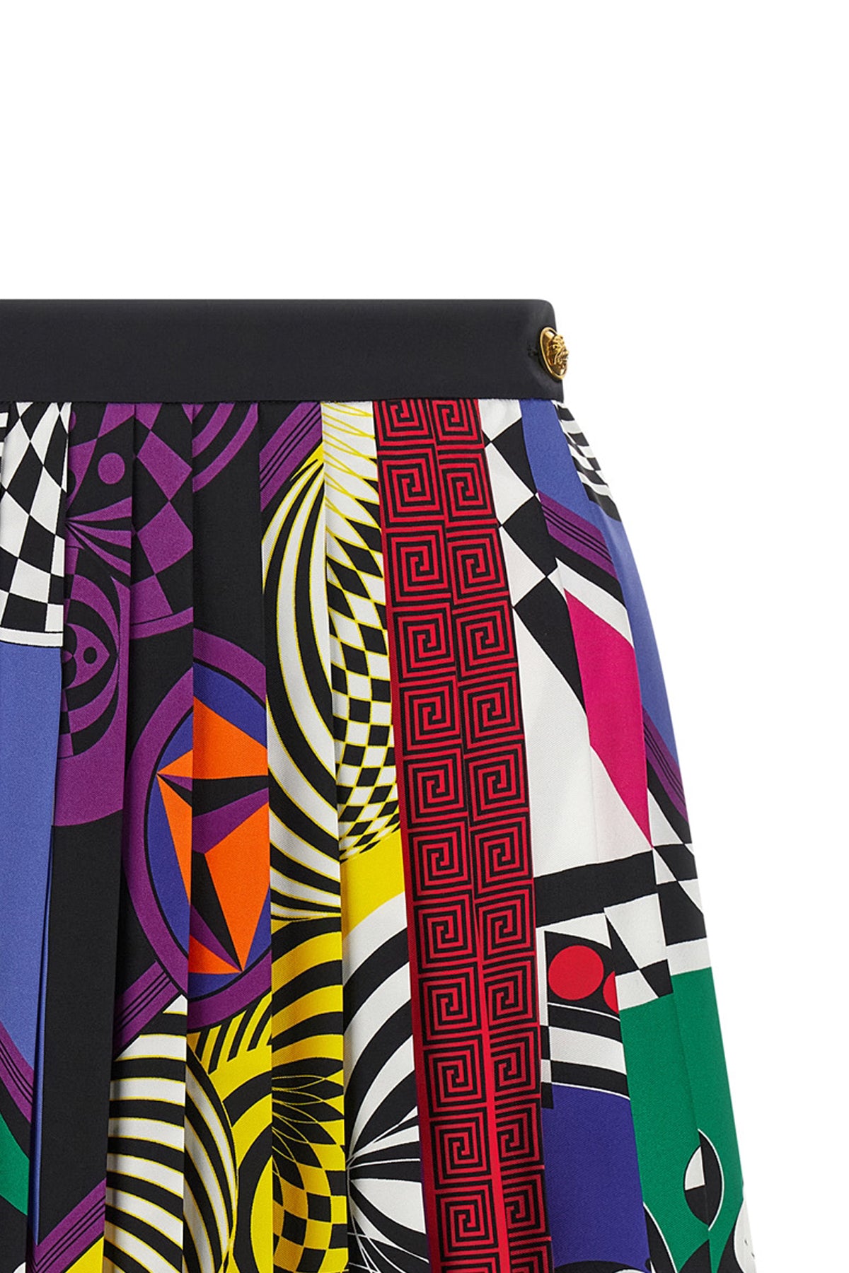 the versace mini skirt redefines the maisons visual codes through a vibrant all