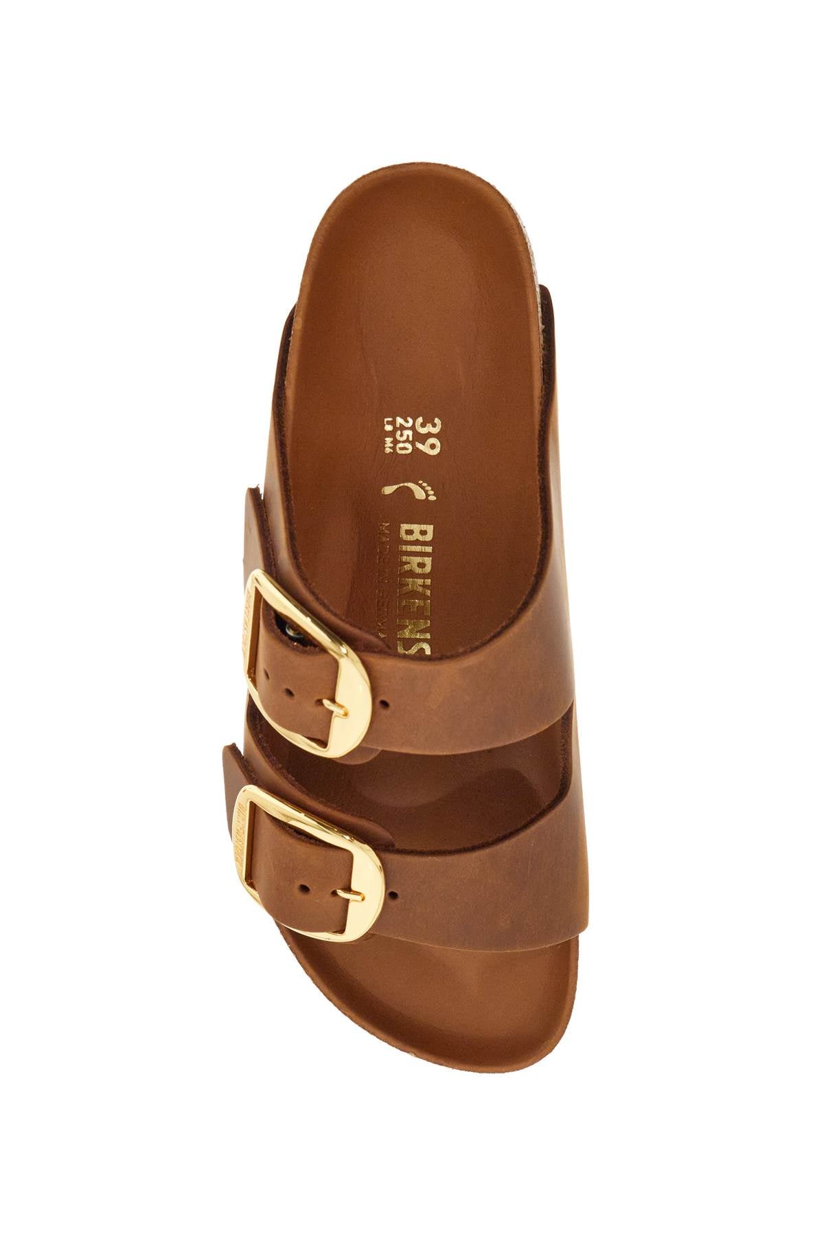 oiled leather cognac slippers with large golden buckles