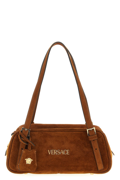 versace tag shoulder bag in suede