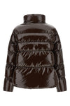 the dark brown pinko down jacket is distinguished by an enveloping silhouette