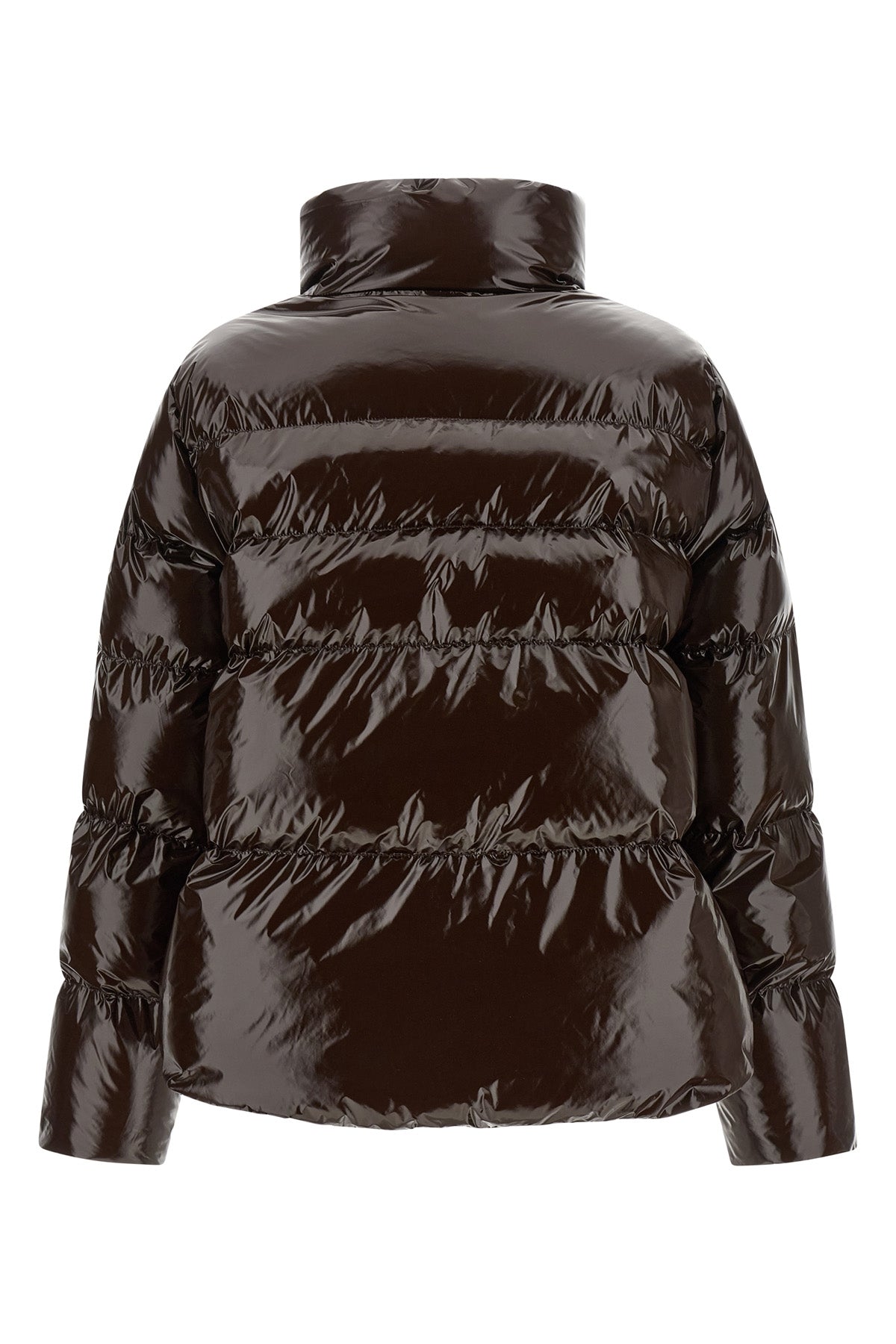 the dark brown pinko down jacket is distinguished by an enveloping silhouette