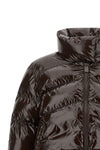 the dark brown pinko down jacket is distinguished by an enveloping silhouette