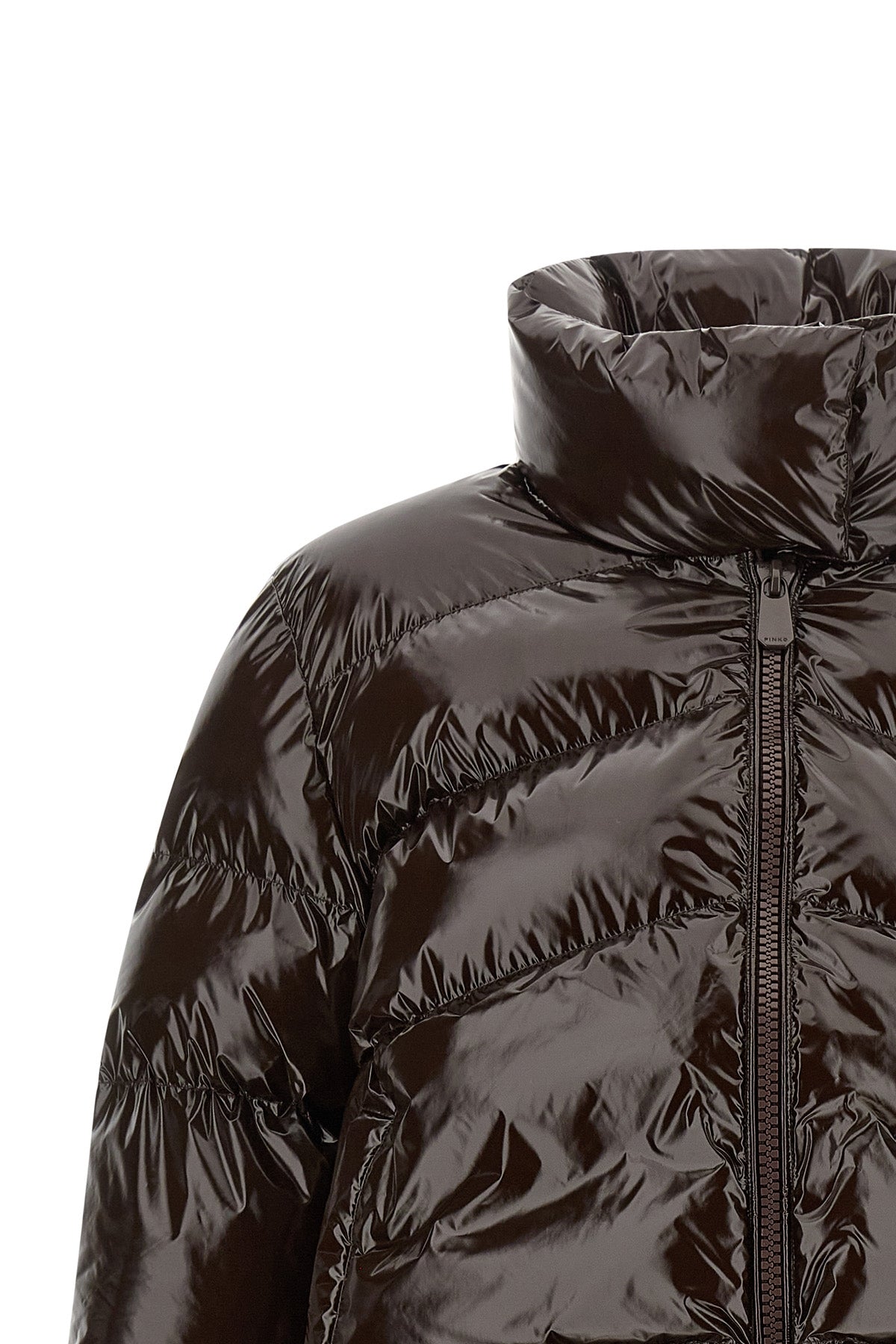 the dark brown pinko down jacket is distinguished by an enveloping silhouette