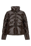 the dark brown pinko down jacket is distinguished by an enveloping silhouette
