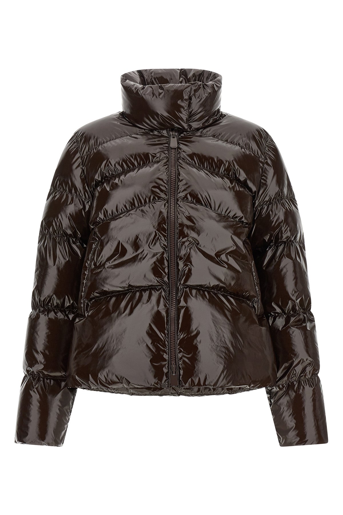 the dark brown pinko down jacket is distinguished by an enveloping silhouette