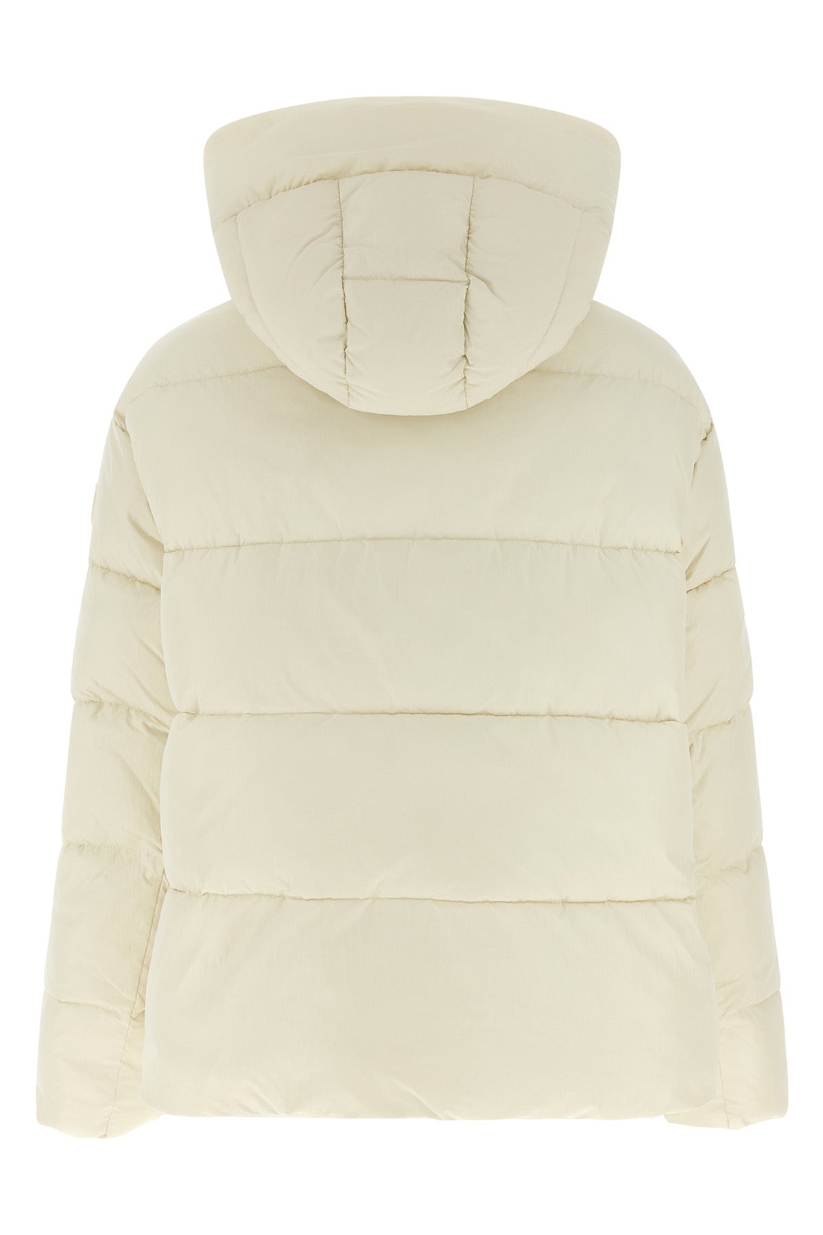 the pinko down jacket stands out for its enveloping silhouette and horizontal qu