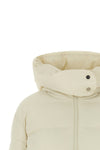 the pinko down jacket stands out for its enveloping silhouette and horizontal qu