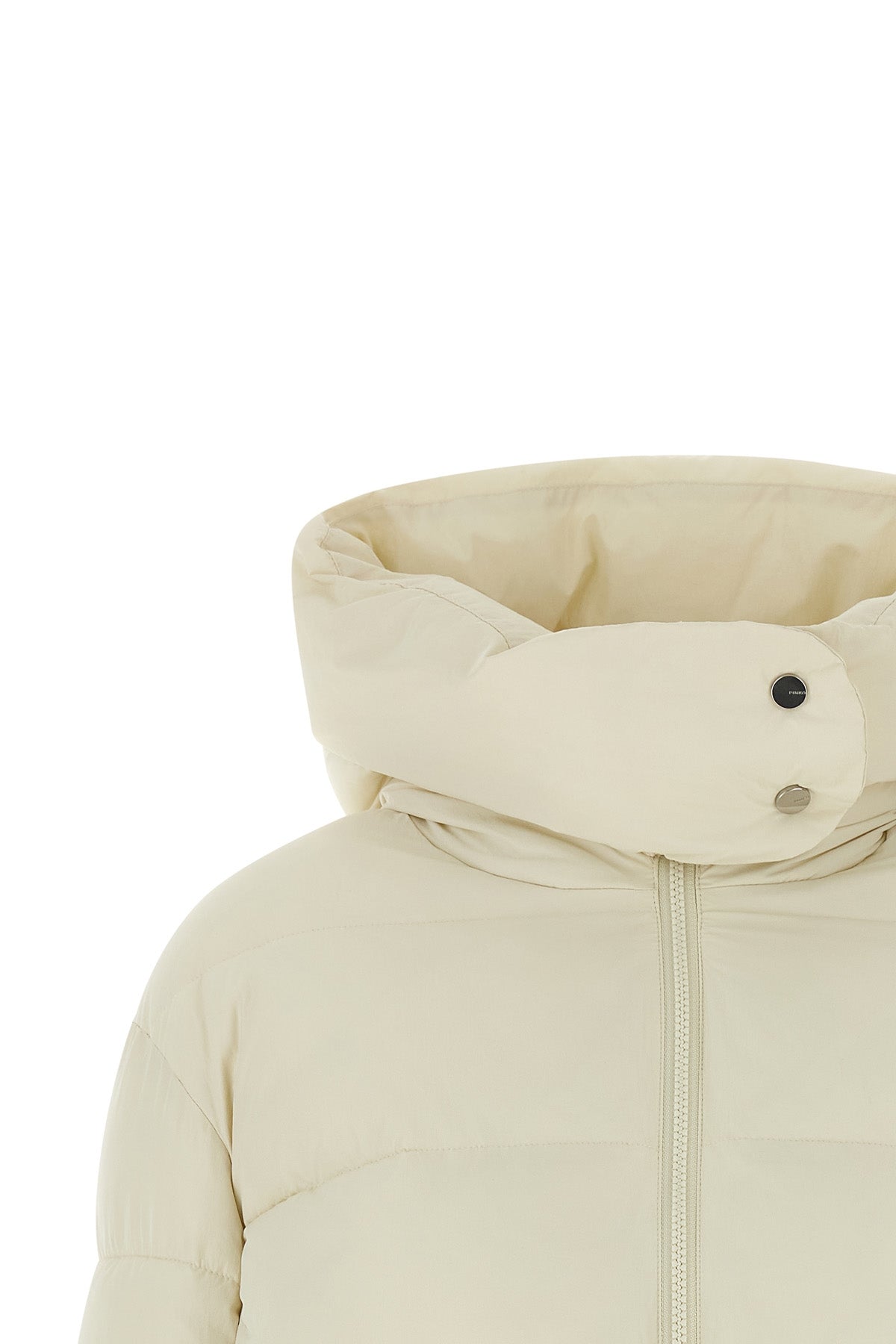 the pinko down jacket stands out for its enveloping silhouette and horizontal qu