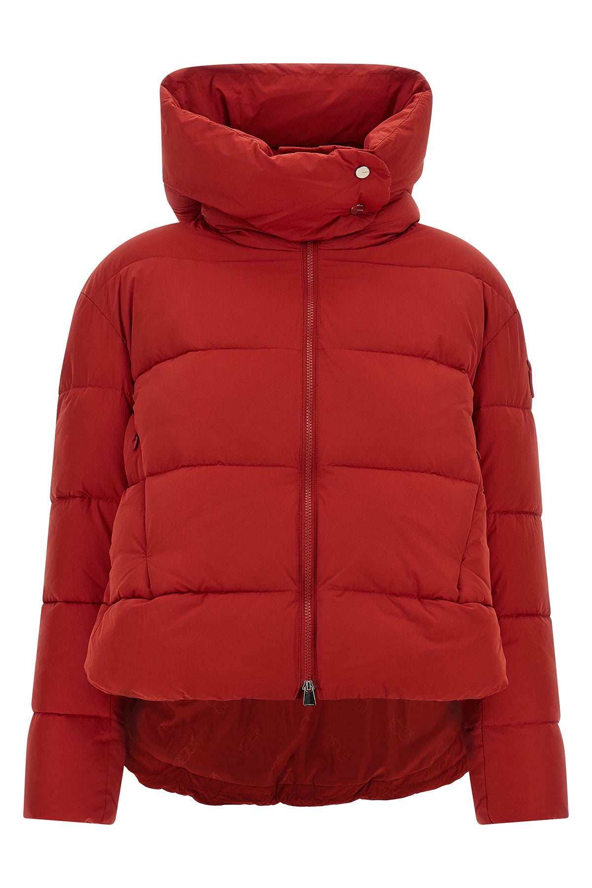 the pinko down jacket redefines winter volumes through an asymmetrical silhouett