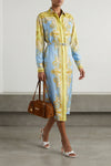 all over spring barocco print silk twill midi dress