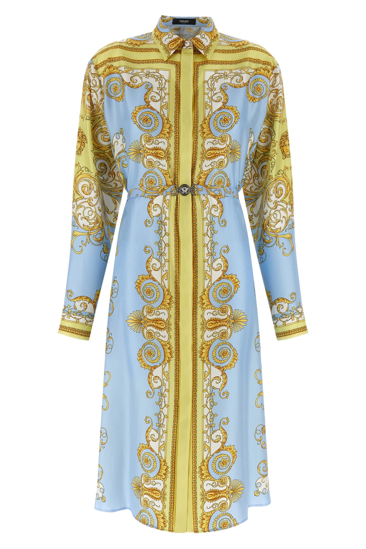 all over spring barocco print silk twill midi dress
