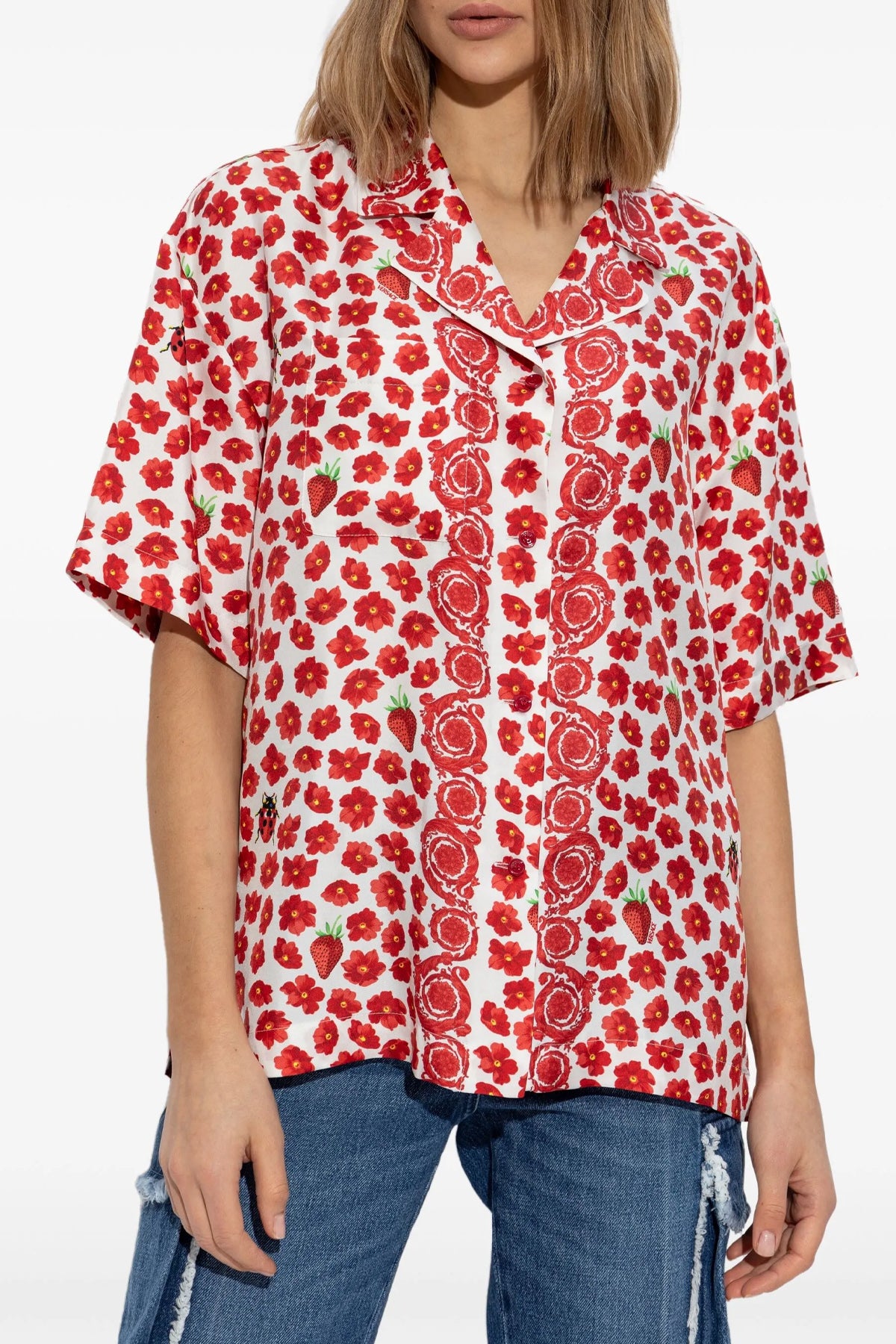 strawberry garden print silk twill shirt