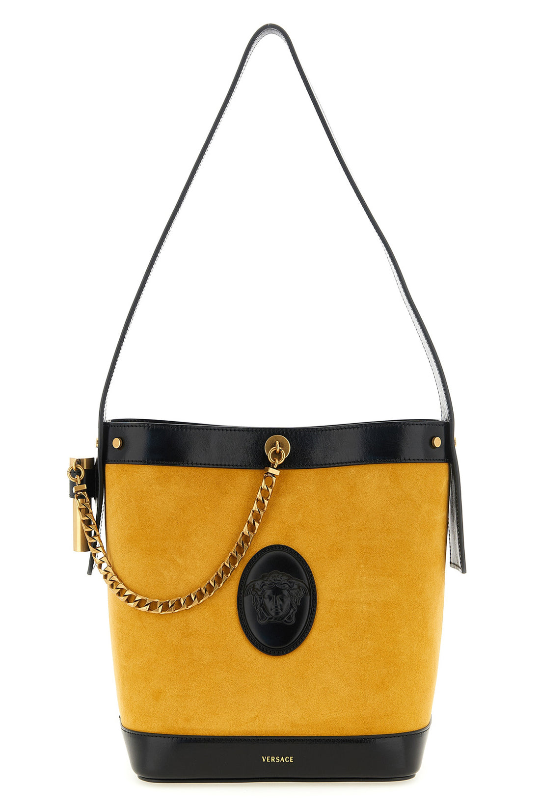 VERSACE OS small pivot bucket bag in suede and contrasting smooth leather