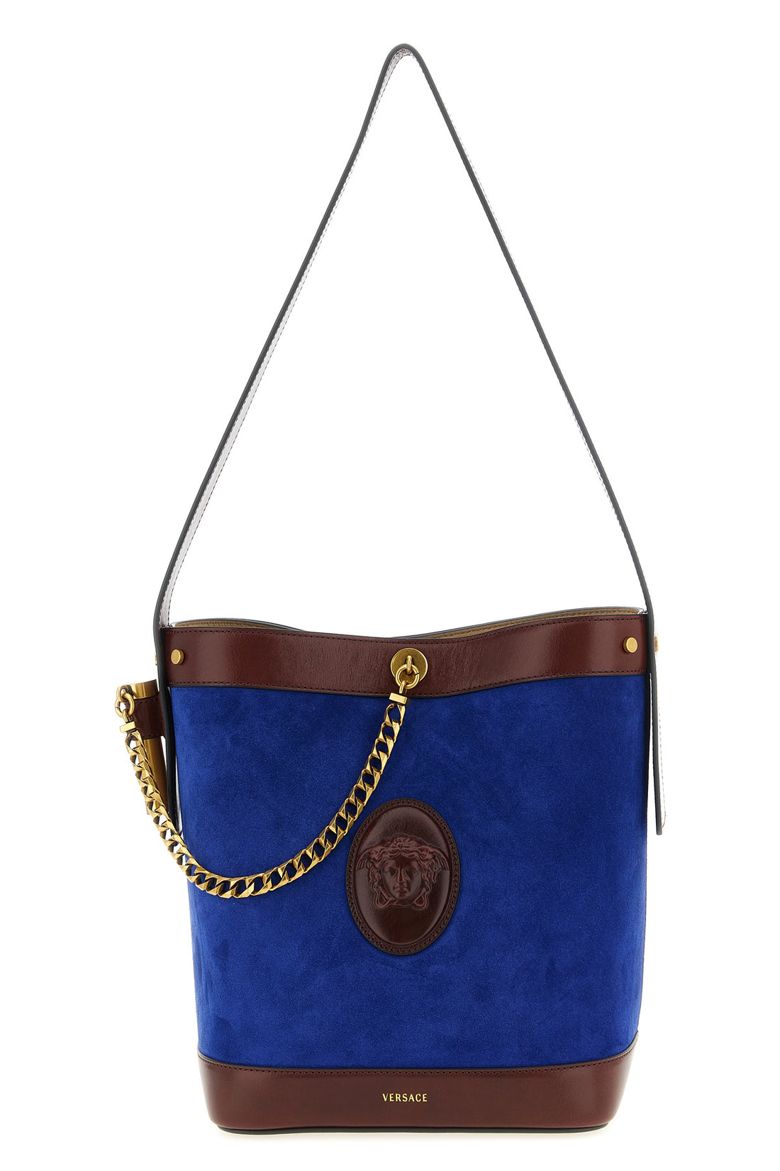 VERSACE OS small pivot bucket bag in suede and contrasting smooth leather