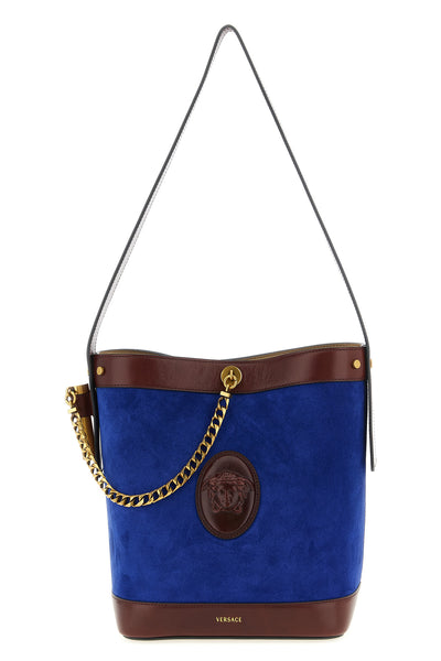small pivot bucket bag in suede and contrasting smooth leather