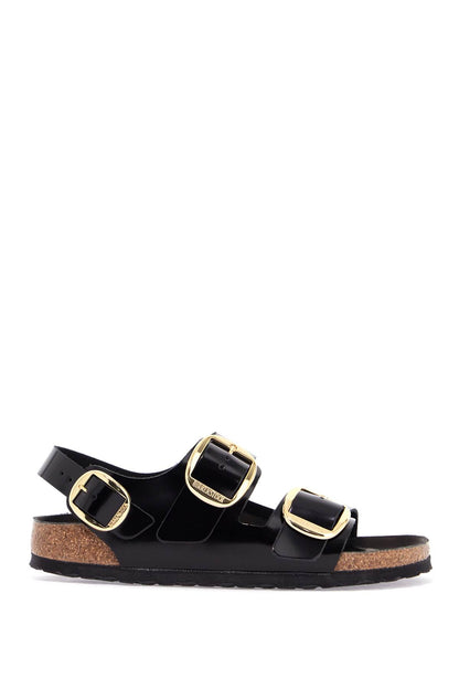 black leather sandals with three large buckles