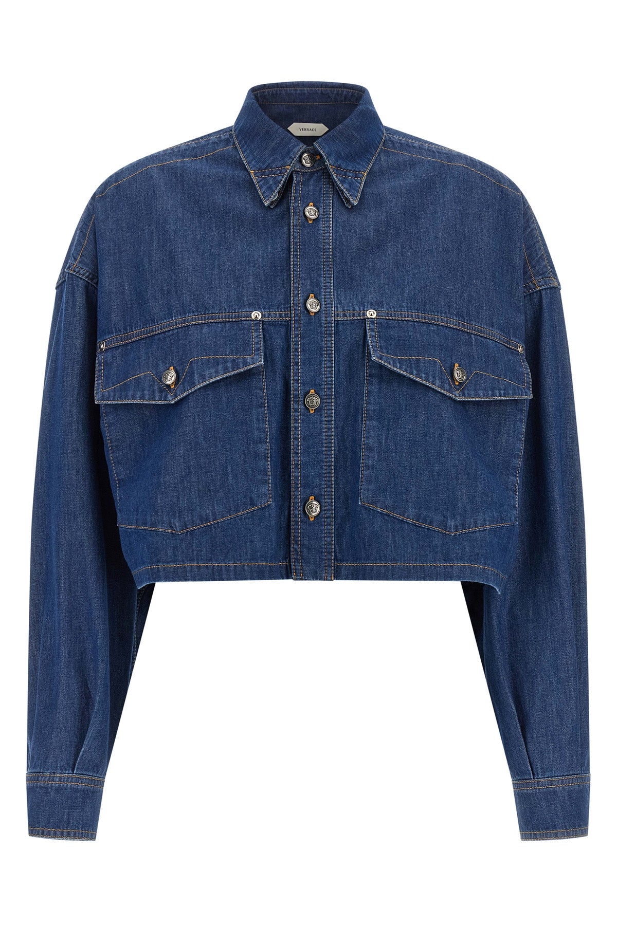 the versace shirt redefines casual wear through a structured crop silhouette