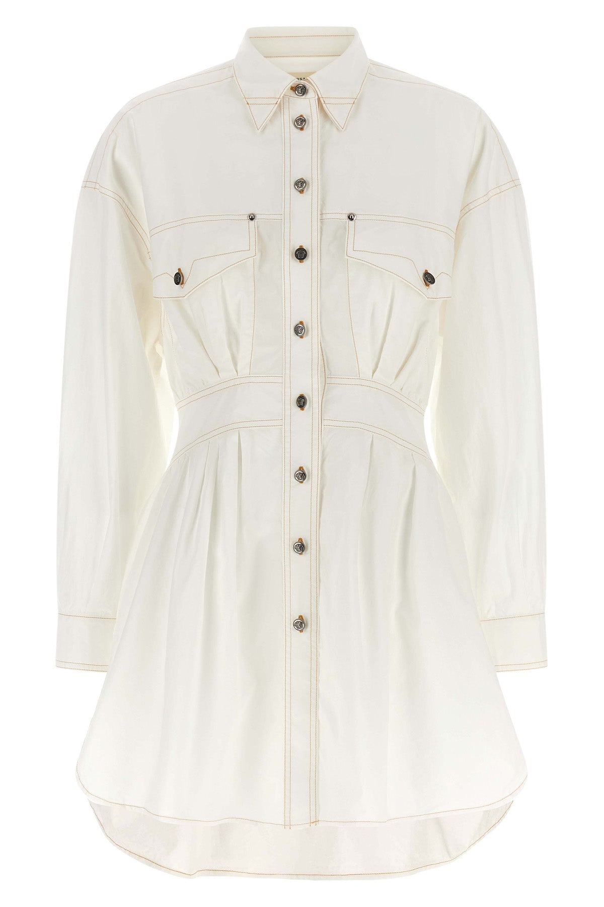 the versace chemisier dress redefines the classic silhouette through precise sar