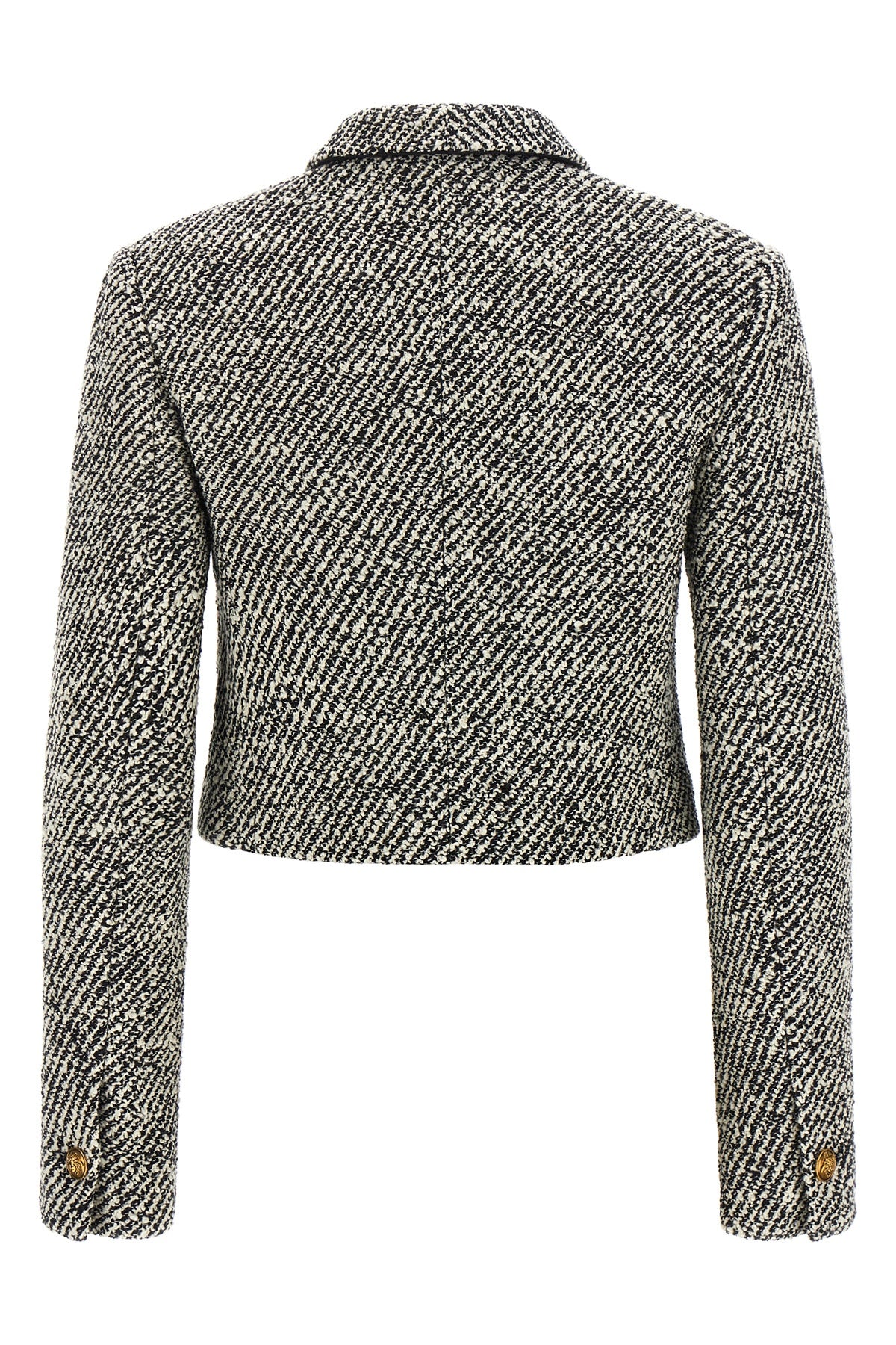 the versace cropped jacket defines a new proportion through a structured blouson