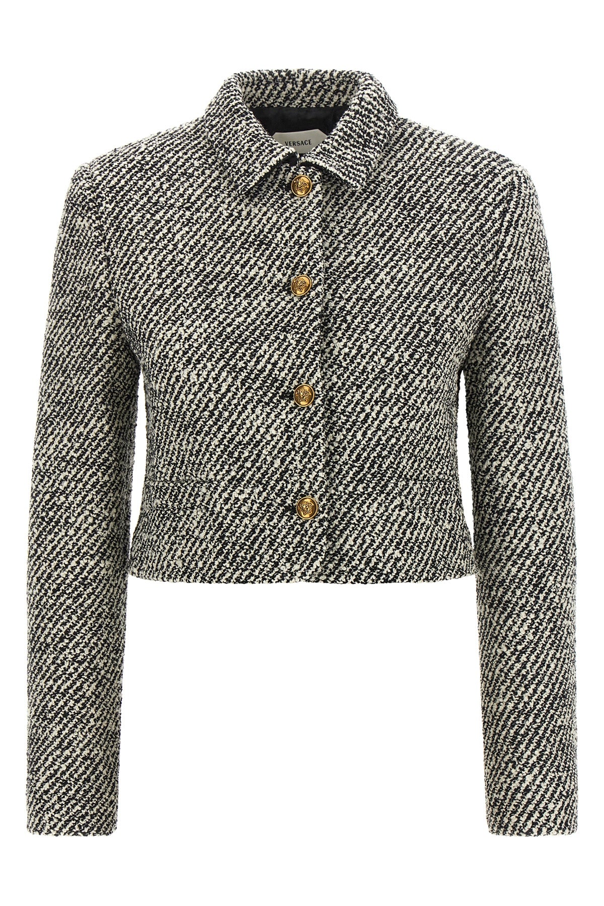 the versace cropped jacket defines a new proportion through a structured blouson