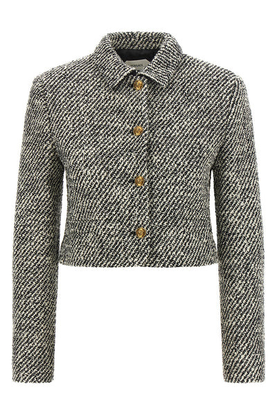 the versace cropped jacket defines a new proportion through a structured blouson