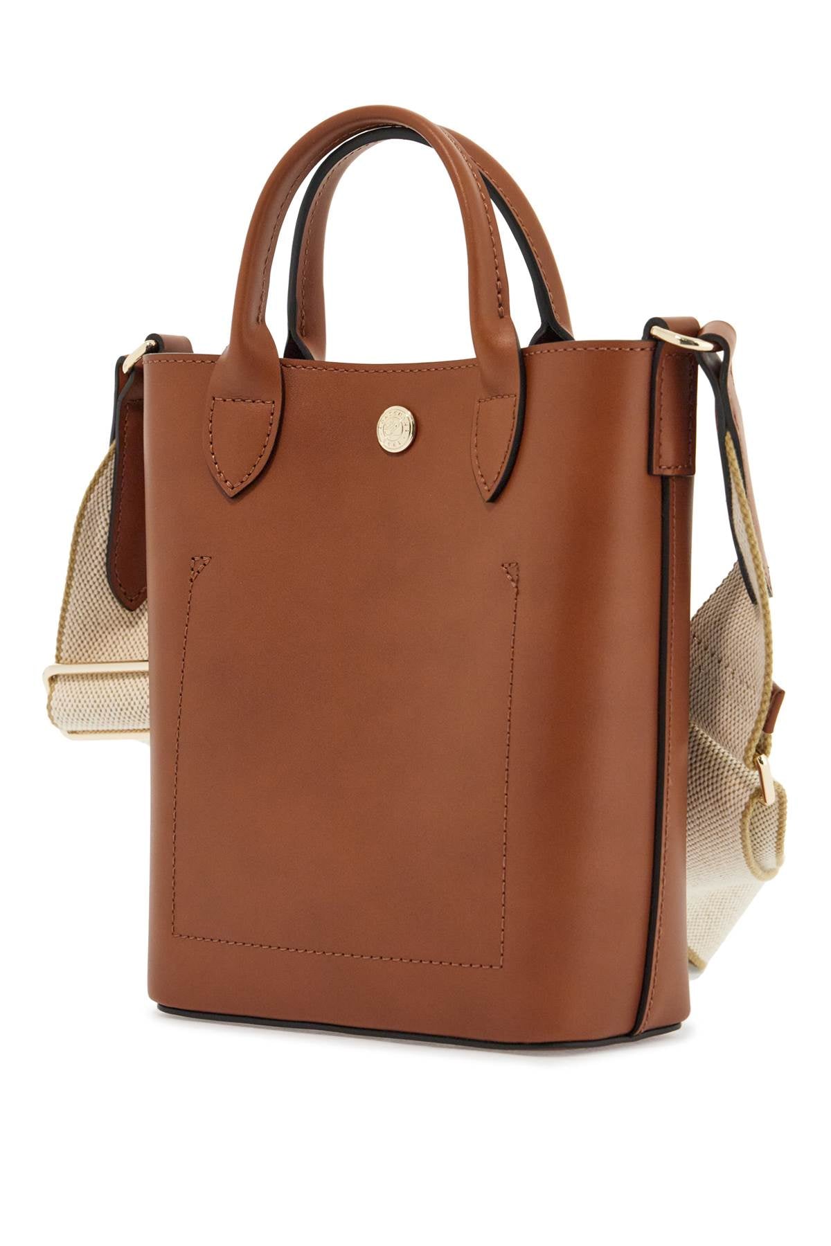 cognac leather handbag with adjustable shoulder strap, compact and minimalist