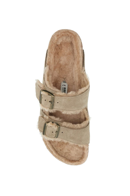 narrow fit arizona shearling slides