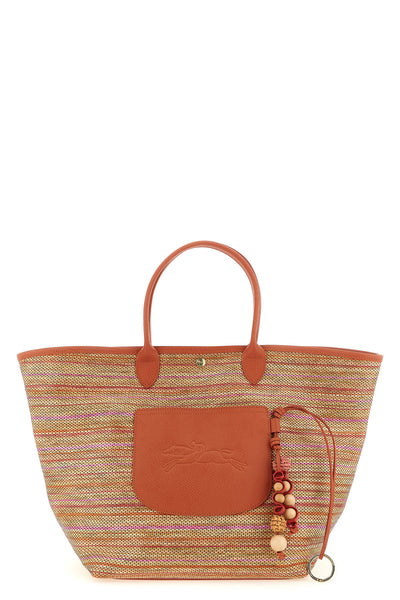 le panier pliage shopping bag in raffia effect canvas and russian leather bask