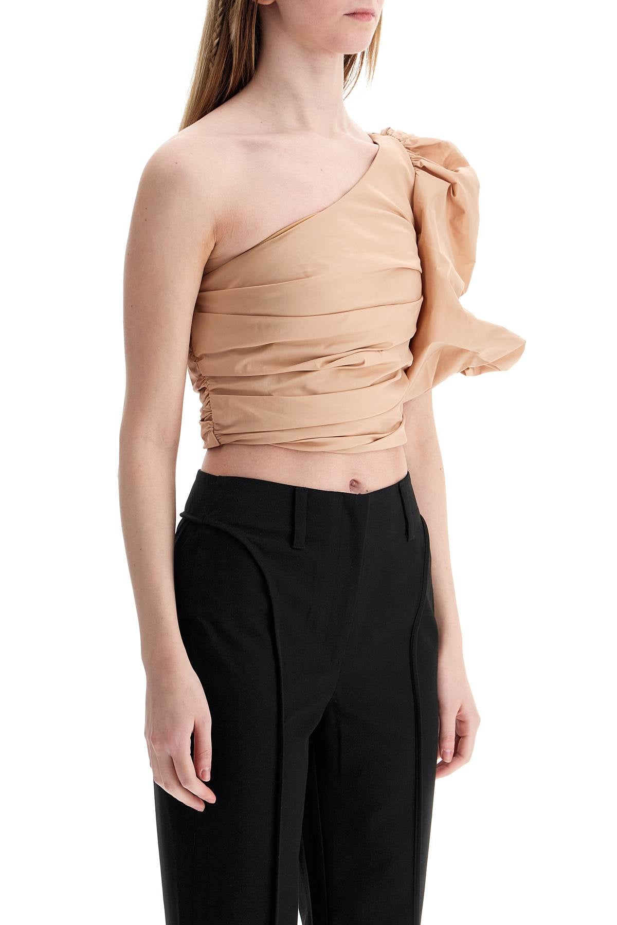 asymmetrical one-shoulder taffeta top in cameo pink