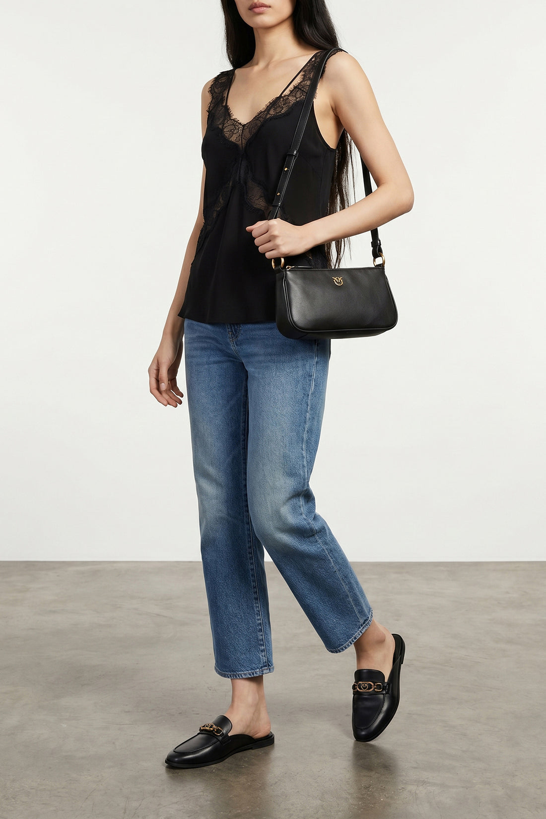 PINKO OS half moon baguette mini shoulder strap in silk hand-held leather