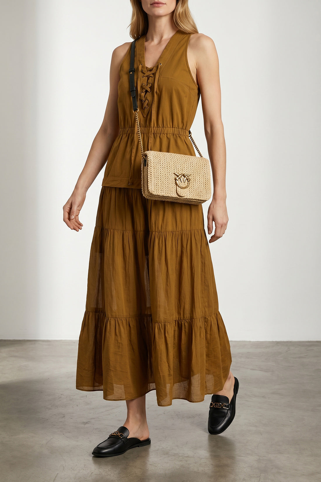 PINKO OS love bag click soft horizontal mini crossbody bag in woven raffia