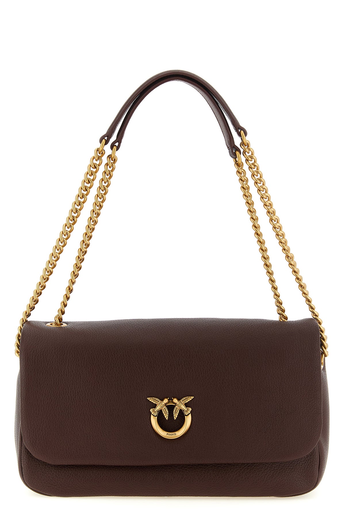 the shoulder bag pinko in soft dark brown hammered lambskin defines a destructur