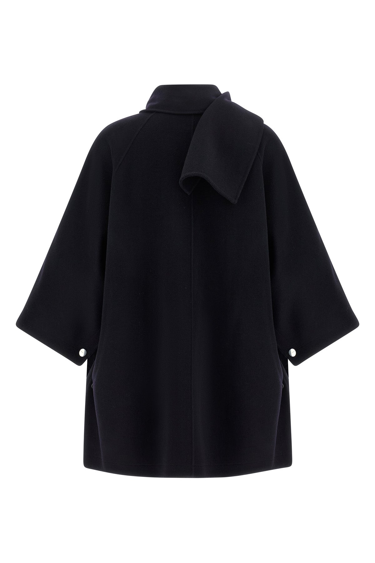 the pinko caban redefines the volumes of the outerwear through a cape silhouette