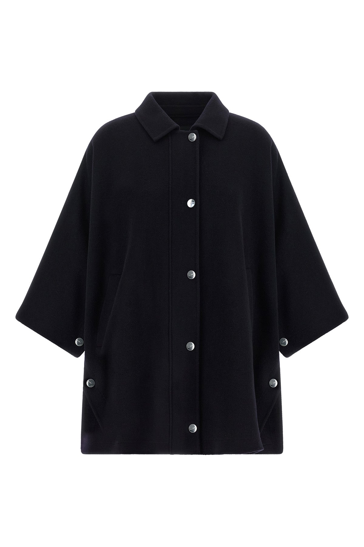 the pinko caban redefines the volumes of the outerwear through a cape silhouette