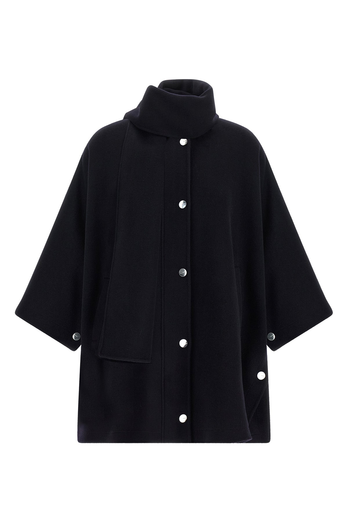 the pinko caban redefines the volumes of the outerwear through a cape silhouette