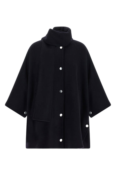 the pinko caban redefines the volumes of the outerwear through a cape silhouette