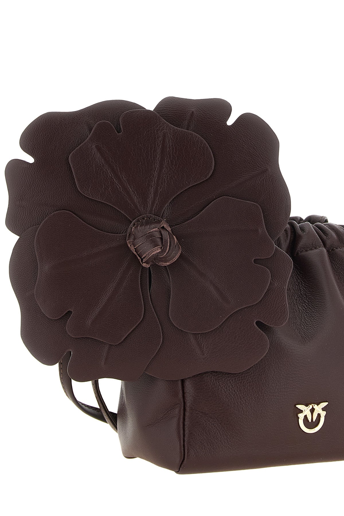 the pinko flower pouch stands out for a soft and curled silhouette
