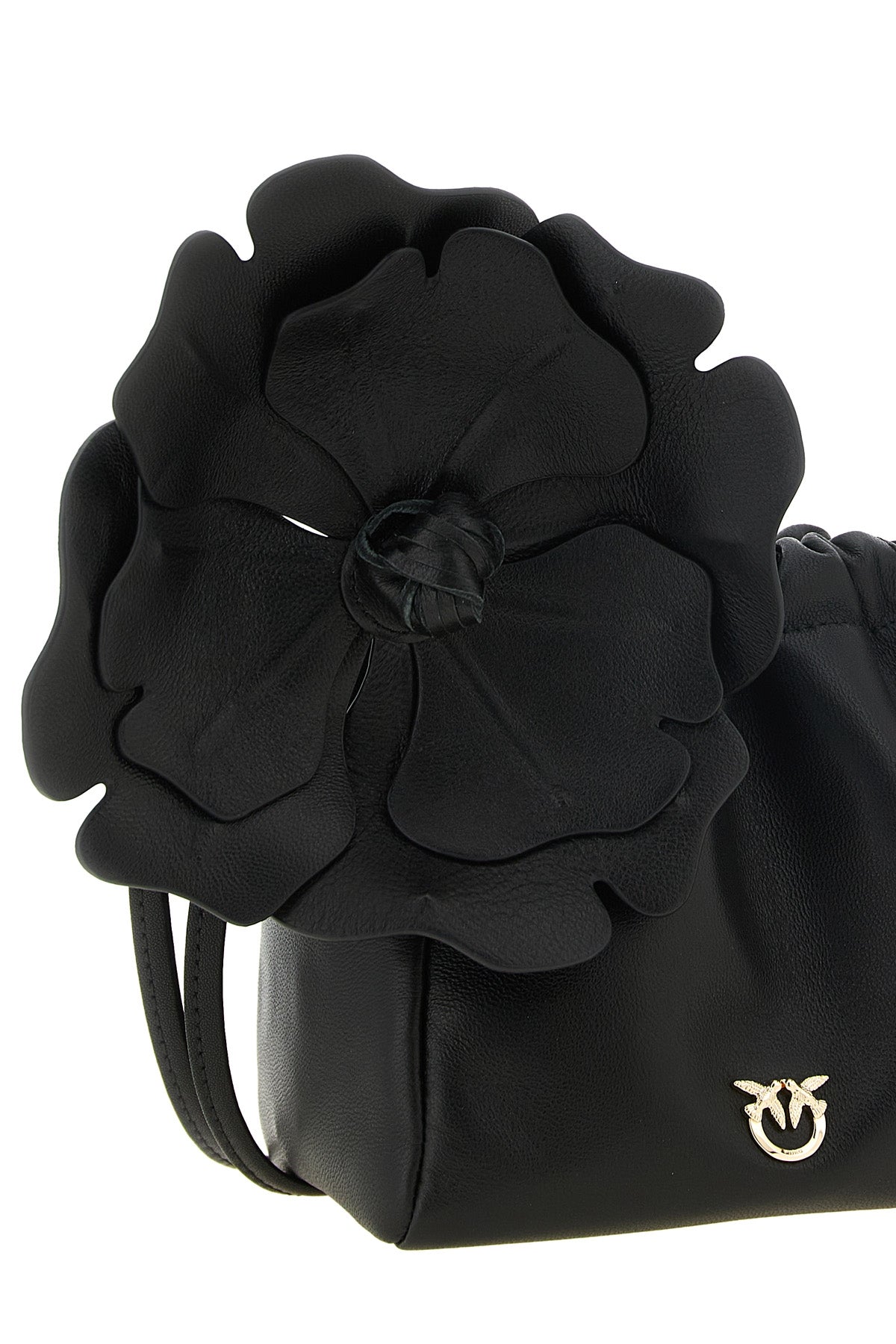 the pouch pinko flower is made of soft black sheep nappa leather