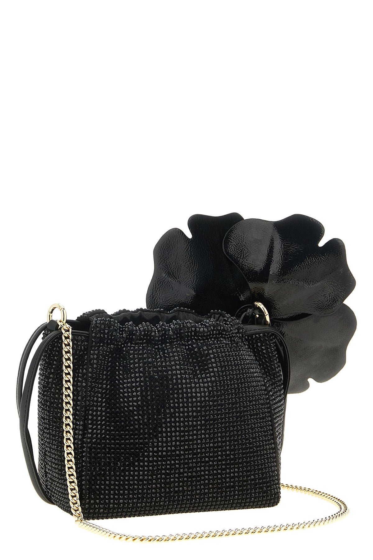 the pinko flower pouch is distinguished by a bucket silhouette entirely covere