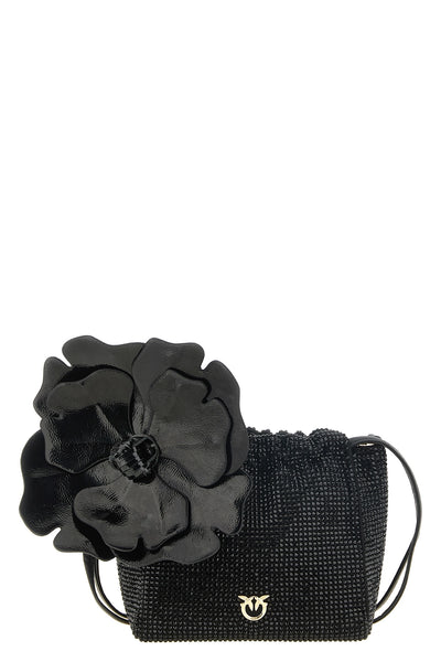 the pinko flower pouch is distinguished by a bucket silhouette entirely covere